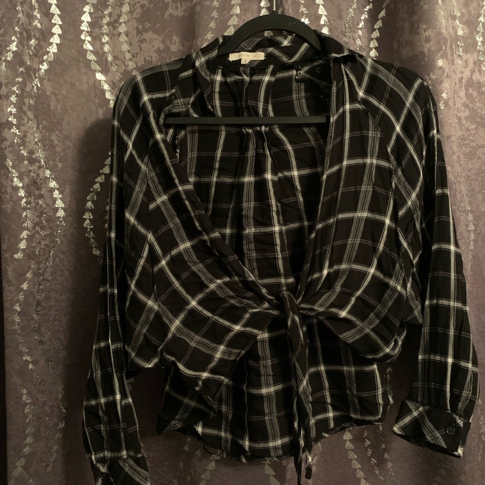 Le Lis Black and White Plaid Tie-Front Top